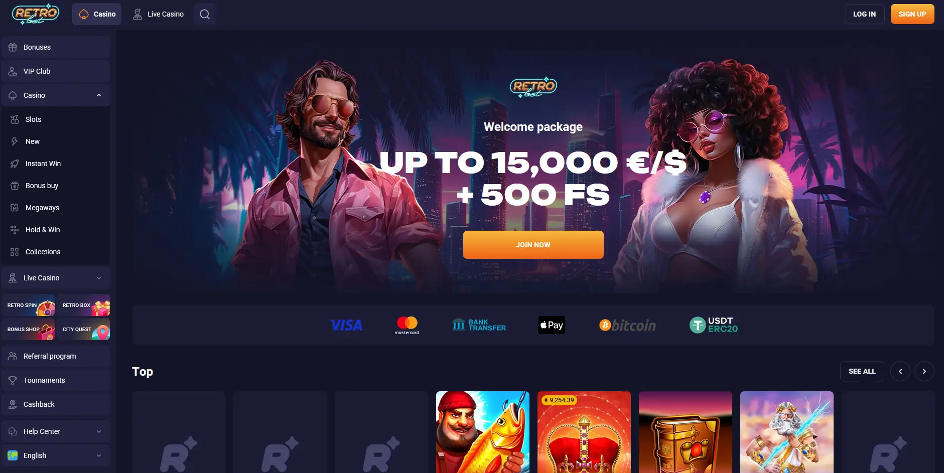 Retrobet Casino Lobby im Retro-Neon-Design mit Slots und Live-Tischen
