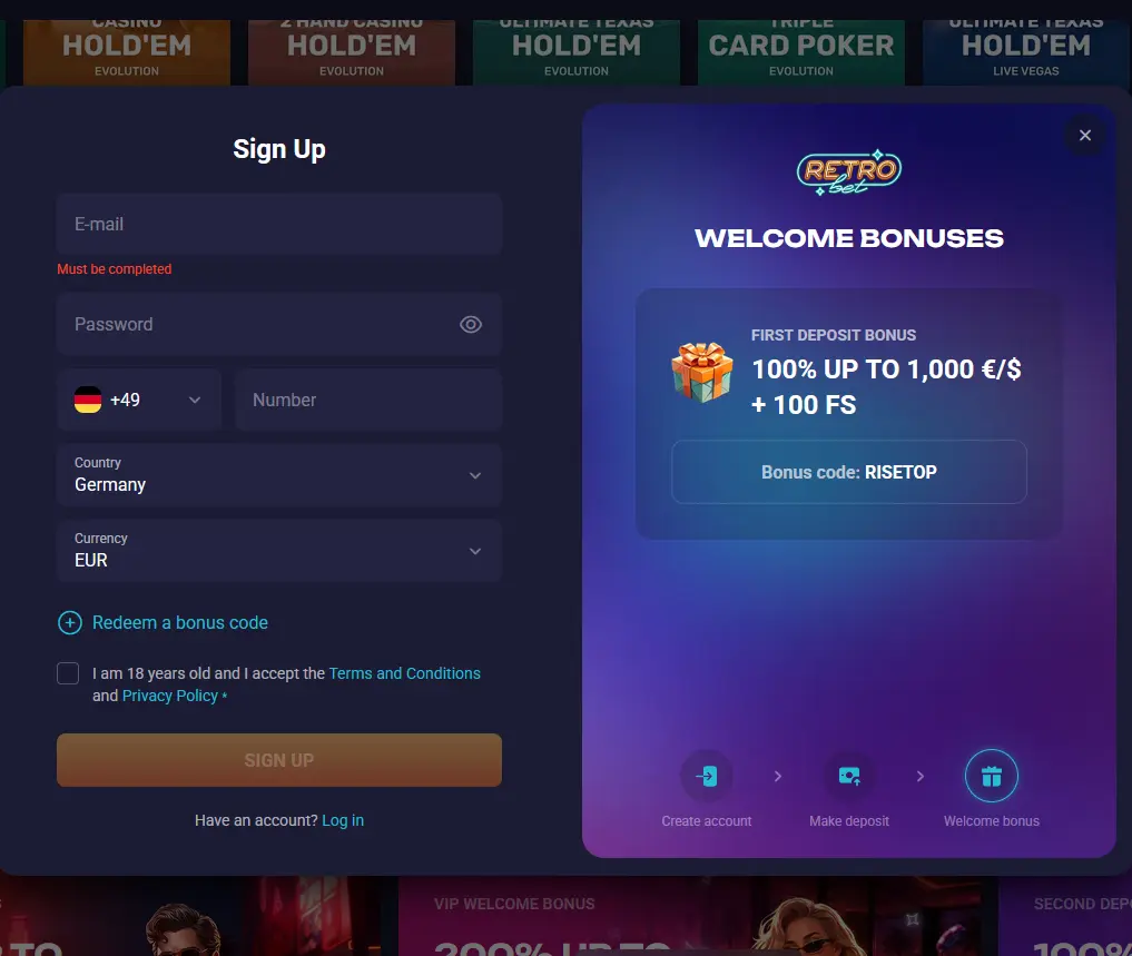Registrierungsformular von Retrobet mit E-Mail, Passwort und Land